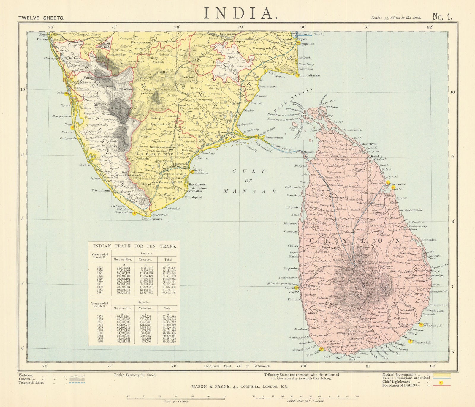 SOUTH BRITISH INDIA & CEYLON SRI LANKA Cochin Kerala Lighthouses. LETTS 1892 map